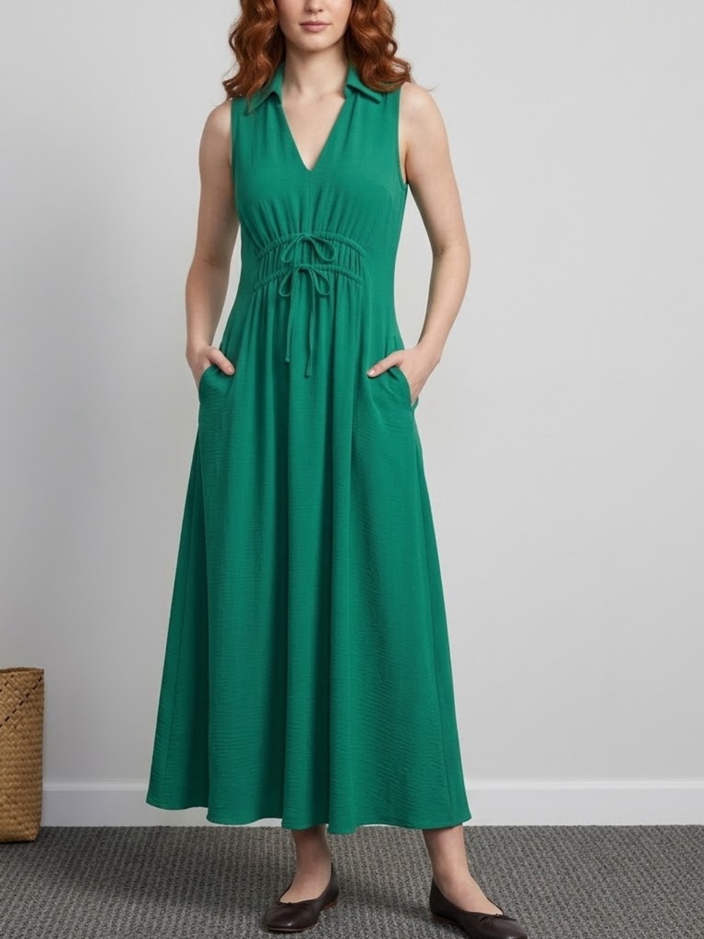 Calvin Klein Emerald Green Sleeveless V-Neck Maxi Dress with Drawstring
